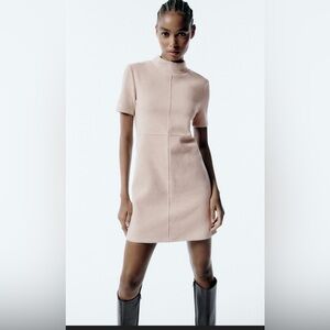 Zara NWT Beige Short Sleeve Mock Neck mini Bodycon dress size Medium